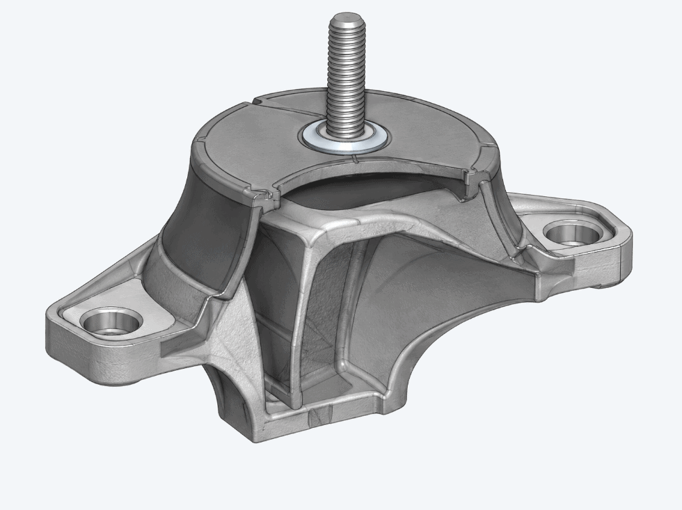 Initial automotive engine mount CAD model showing mounting brackets and central threaded stud