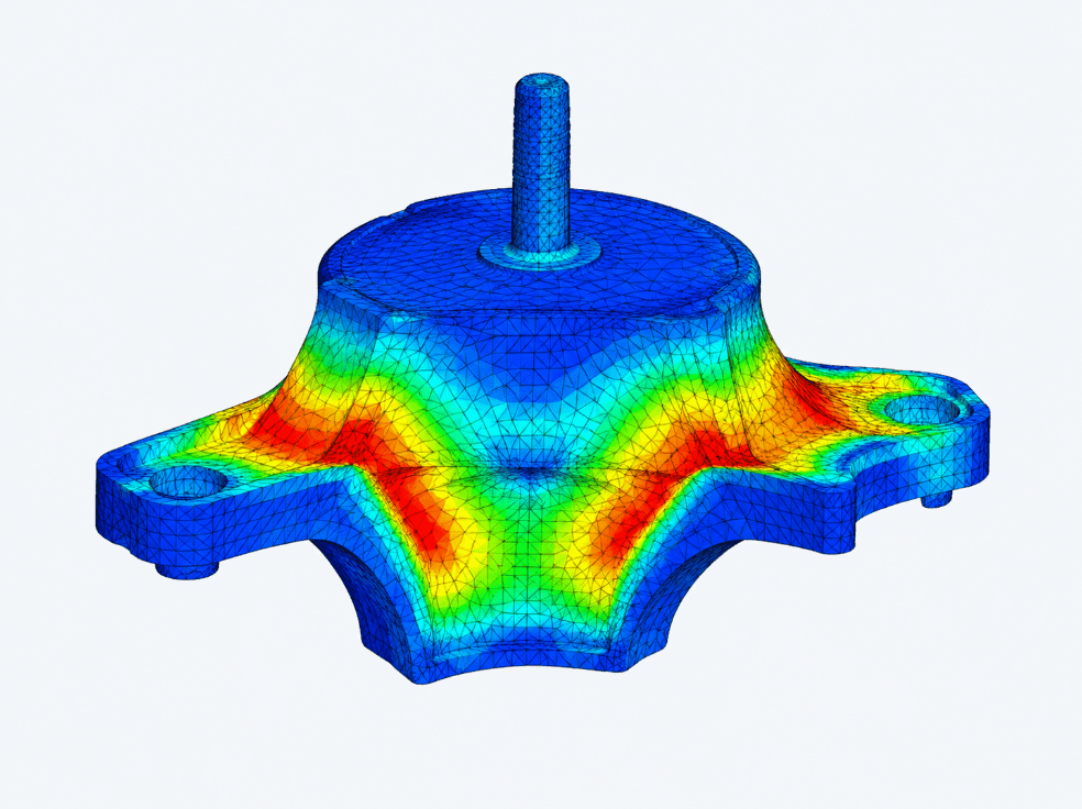 Finite element analysis illustration of an automotive engine mount showing simulation mesh and color-coded contours