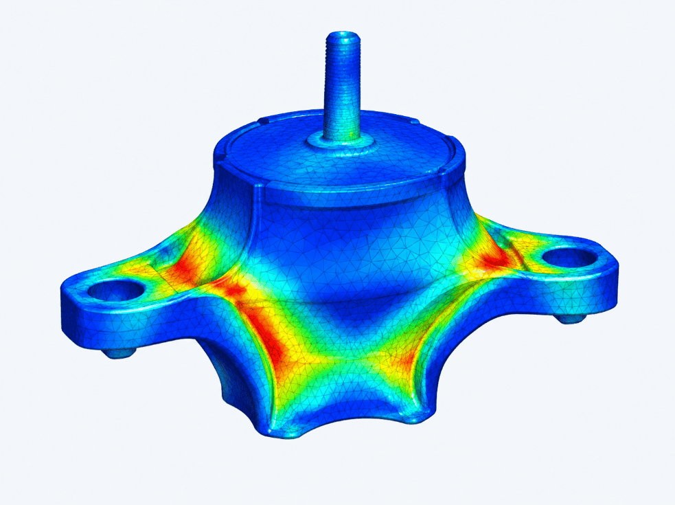 Conceptual optimized automotive engine mount geometry with finite element mesh and color-coded analysis contours