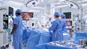 Conceptual robotic-assisted surgery in a modern operating room with medical professionals and surgical equipment