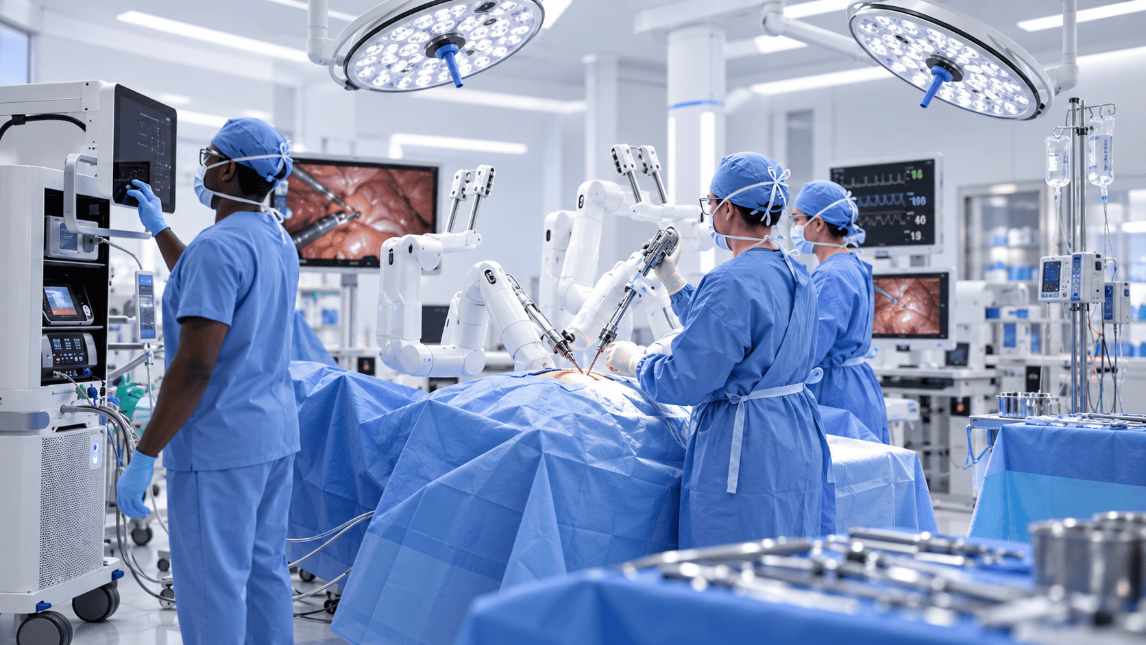 Conceptual robotic-assisted surgery in a modern operating room with medical professionals and surgical equipment