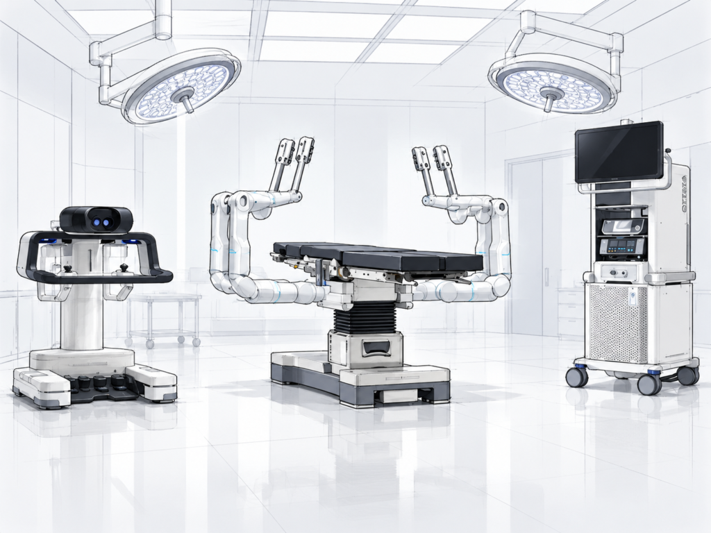 Conceptual engineering sketch of robotic arms integrated with a surgical operating table